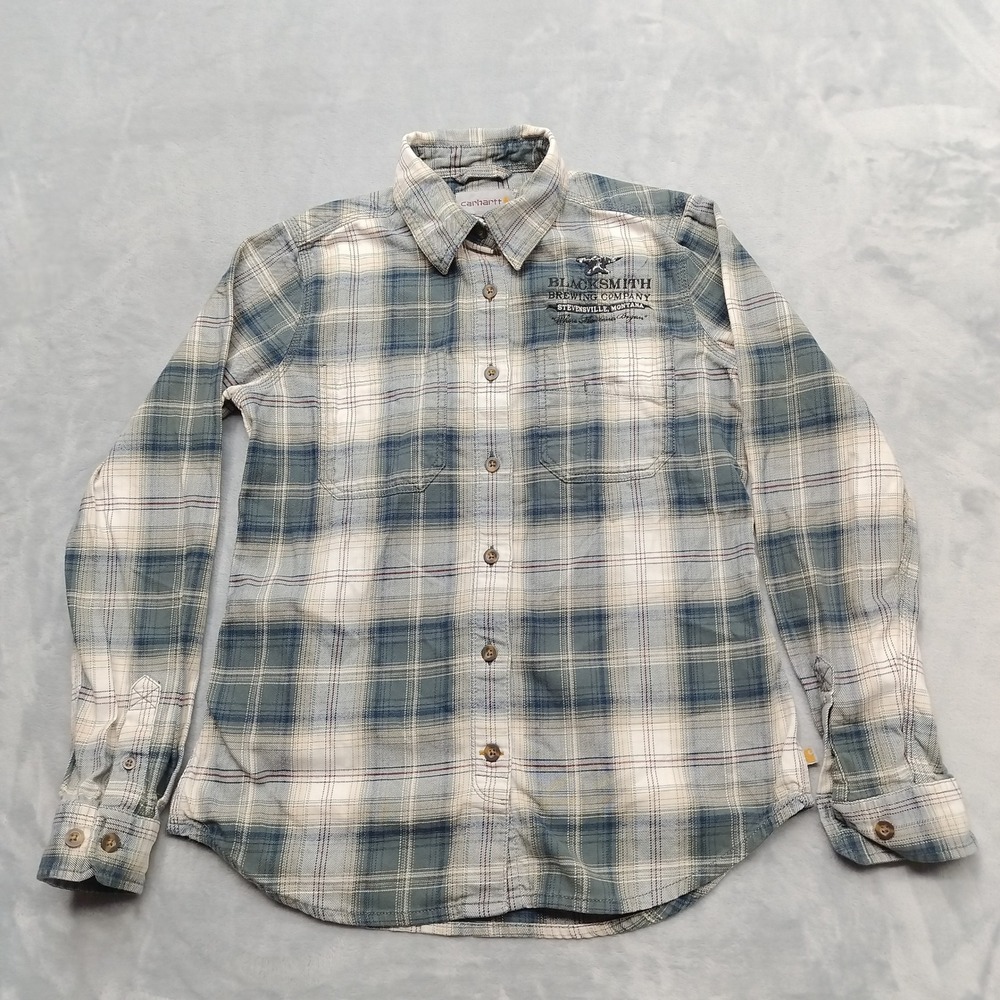 Carhartt Shirt Womens S Blue Plaid Blacksmith Brewing Co Button Down Flannel